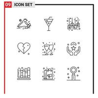 conjunto de 9 iconos de interfaz de usuario modernos símbolos signos para bodas amor bebidas etiqueta de venta brokan elementos de diseño vectorial editables vector