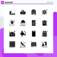 Pack of 16 creative Solid Glyphs of system process bus development gear Editable Vector Design Elements