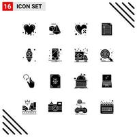 Pack of 16 creative Solid Glyphs of sheet invoice heart form document Editable Vector Design Elements