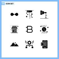 Set of 9 Modern UI Icons Symbols Signs for coin market light store building Editable Vector Design Elements