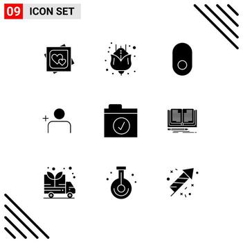 Mobile Interface Solid Glyph Set of 9 Pictograms of writing folder apple complete instagram Editable Vector Design Elements