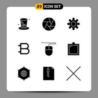 Universal Icon Symbols Group of 9 Modern Solid Glyphs of mouse currency gear cryptocurrency coin Editable Vector Design Elements