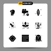 Universal Icon Symbols Group of 9 Modern Solid Glyphs of grow down video arrow lamp Editable Vector Design Elements