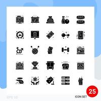 Group of 25 Solid Glyphs Signs and Symbols for laboratory bacteria battery hobby bowling Editable Vector Design Elements