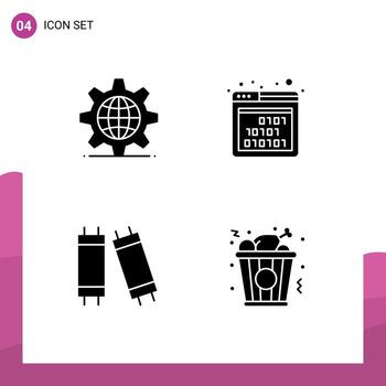 4 Thematic Vector Solid Glyphs and Editable Symbols of gear lamp setting interface fast food Editable Vector Design Elements