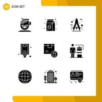 Pack of 9 Modern Solid Glyphs Signs and Symbols for Web Print Media such as poster billboard architect announcement tool Editable Vector Design Elements