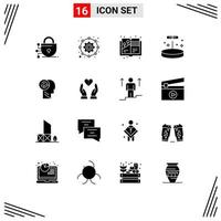 Pack of 16 Modern Solid Glyphs Signs and Symbols for Web Print Media such as mind head design science education Editable Vector Design Elements