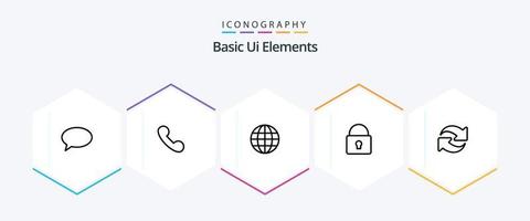 paquete de iconos de 25 líneas de elementos básicos de la interfaz de usuario, incluida la recarga. acceso. mundo. bloqueado. cerrar vector