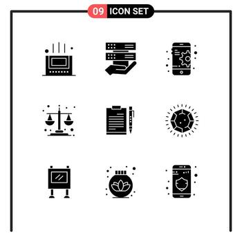 Pack of 9 Modern Solid Glyphs Signs and Symbols for Web Print Media such as file business gear document equality Editable Vector Design Elements