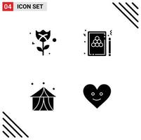 Pack of 4 creative Solid Glyphs of flower entertainment snooker billiards tent Editable Vector Design Elements