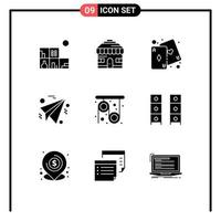 Pack of 9 Modern Solid Glyphs Signs and Symbols for Web Print Media such as draw research game pulley paper Editable Vector Design Elements