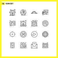 Group of 16 Outlines Signs and Symbols for presentation graph moon sun hill Editable Vector Design Elements