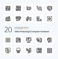 20 paquetes de iconos de línea de hardware de computadora y producción de video como gráficos de computadora de parte de suministro vector