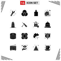 Pack of 16 Modern Solid Glyphs Signs and Symbols for Web Print Media such as drug injection camper dope building Editable Vector Design Elements