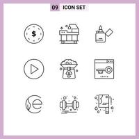 Mobile Interface Outline Set of 9 Pictograms of hat coin fire clover multimedia Editable Vector Design Elements