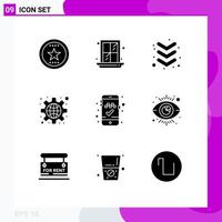 Group of 9 Modern Solid Glyphs Set for mobile app book cab arrow settings global Editable Vector Design Elements