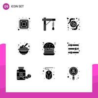 Pictogram Set of 9 Simple Solid Glyphs of peanuts food light cereals heart Editable Vector Design Elements