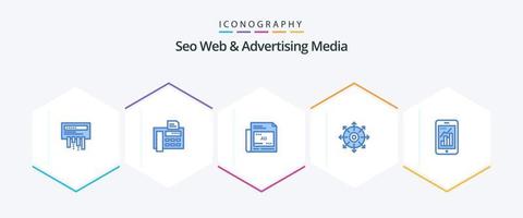 Seo Web And Advertising Media 25 Blue icon pack including analytics. success. newspaper. achieve. target vector