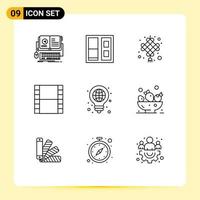 Pack of 9 Modern Outlines Signs and Symbols for Web Print Media such as globe idea celebration video film Editable Vector Design Elements