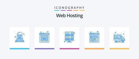 paquete de iconos azul 5 de alojamiento web que incluye dominio. internacional. base de datos. hospedaje mostrar el contenido de la página. diseño de iconos creativos vector