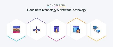 Cloud Data Technology And Network Technology 25 FilledLine icon pack including network. computing. finger . compass. file vector