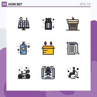 Mobile Interface Filledline Flat Color Set of 9 Pictograms of open box done lotion bottle baby shampoo Editable Vector Design Elements
