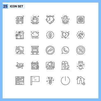 Set of 25 Vector Lines on Grid for secure clock tea alarm globe Editable Vector Design Elements
