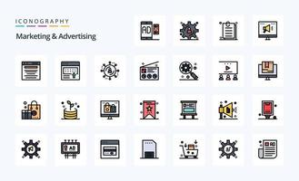 paquete de iconos de estilo lleno de línea de marketing y publicidad de 25 vector