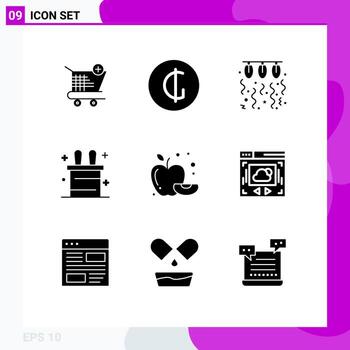 User Interface Pack of 9 Basic Solid Glyphs of fruit apple bulb rabbit string Editable Vector Design Elements
