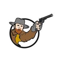 Bearded Cowboy wild west gunfighter tattoo. Western bandit with guns - vintage vector illustration.