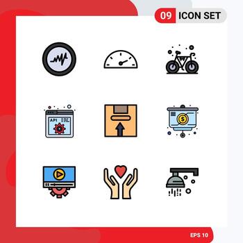 conjunto de colores planos de línea de relleno de interfaz móvil de 9 pictogramas del paquete mango gimnasio entrega programación elementos de diseño vectorial editables vector