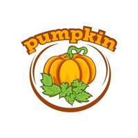 Vector illustration on the theme of the logo for pumpkin still life composition with inscription, consisting of ripe pumpkin with green leaf for Halloween