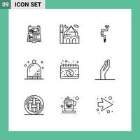 Modern Set of 9 Outlines and symbols such as hat celebration moon well tool Editable Vector Design Elements