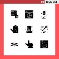 Group of 9 Modern Solid Glyphs Set for detective meal flower glove drink Editable Vector Design Elements