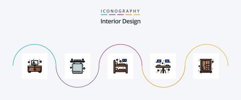 la línea de diseño de interiores llenó el paquete de iconos planos 5 que incluye muebles. mesa. cama. interior. escritorio vector