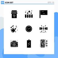 Modern Set of 9 Solid Glyphs Pictograph of clock time flag watch play Editable Vector Design Elements