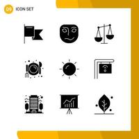 Pack of 9 creative Solid Glyphs of cafe shinning business beach diet Editable Vector Design Elements