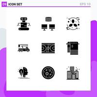 Pack of 9 creative Solid Glyphs of game transport eco lifting truck Editable Vector Design Elements