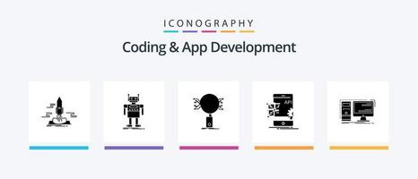 Coding And App Development Glyph 5 Icon Pack Including application. security. artificial. research. search. Creative Icons Design vector