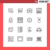 Mobile Interface Outline Set of 16 Pictograms of pc equipment health care computer handbag Editable Vector Design Elements