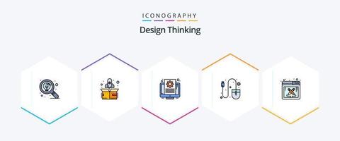 Design Thinking paquete de iconos de 25 líneas completas que incluye trabajo de diseño. herramienta. documento. ratón. computadora vector