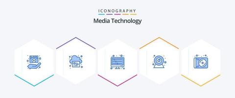 tecnología de medios 25 paquete de iconos azules que incluye medios. cámara web. nube. cámara web. ondas vector