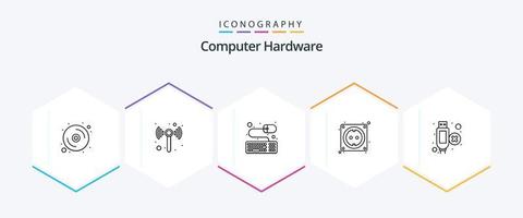 paquete de íconos de 25 líneas de hardware de computadora que incluye . extensión. teclado. cable. hardware vector