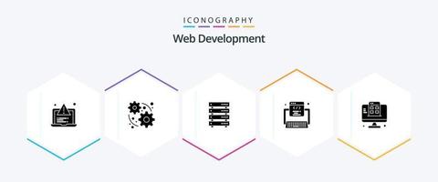 paquete de iconos de 25 glifos de desarrollo web que incluye página web. web. almacenamiento de datos. programa. código vector