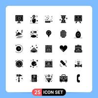 25 User Interface Solid Glyph Pack of modern Signs and Symbols of railway investment cooking loading glass Editable Vector Design Elements