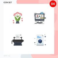 Set of 4 Vector Flat Icons on Grid for bouquet marketing art digital typewriter Editable Vector Design Elements