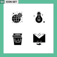 Pack of 4 creative Solid Glyphs of gear movie theater settings motivation answer Editable Vector Design Elements