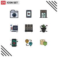 Pack of 9 creative Filledline Flat Colors of document data hotel archive hardware Editable Vector Design Elements