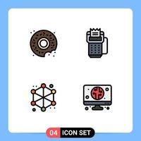 conjunto moderno de 4 colores planos de línea de relleno pictografía de elementos de diseño de vector editable web de máquina de tarjeta de datos de donut