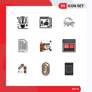 9 colores planos universales de línea de relleno establecidos para aplicaciones web y móviles factura excel libro factura avión elementos de diseño vectorial editables vector